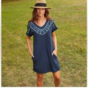 NIC+ZOE Pier Embroidered Shift Dress Navy Multi Size Small L40